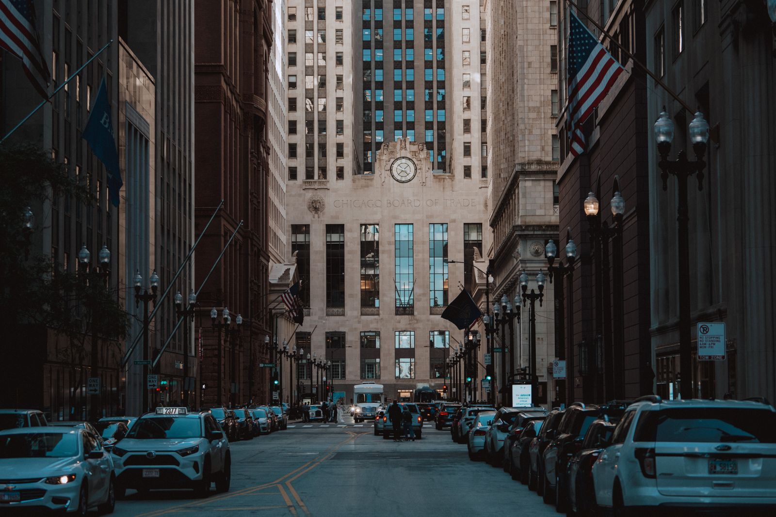 Chicago Board of Trade building at the end of LaSalle Street