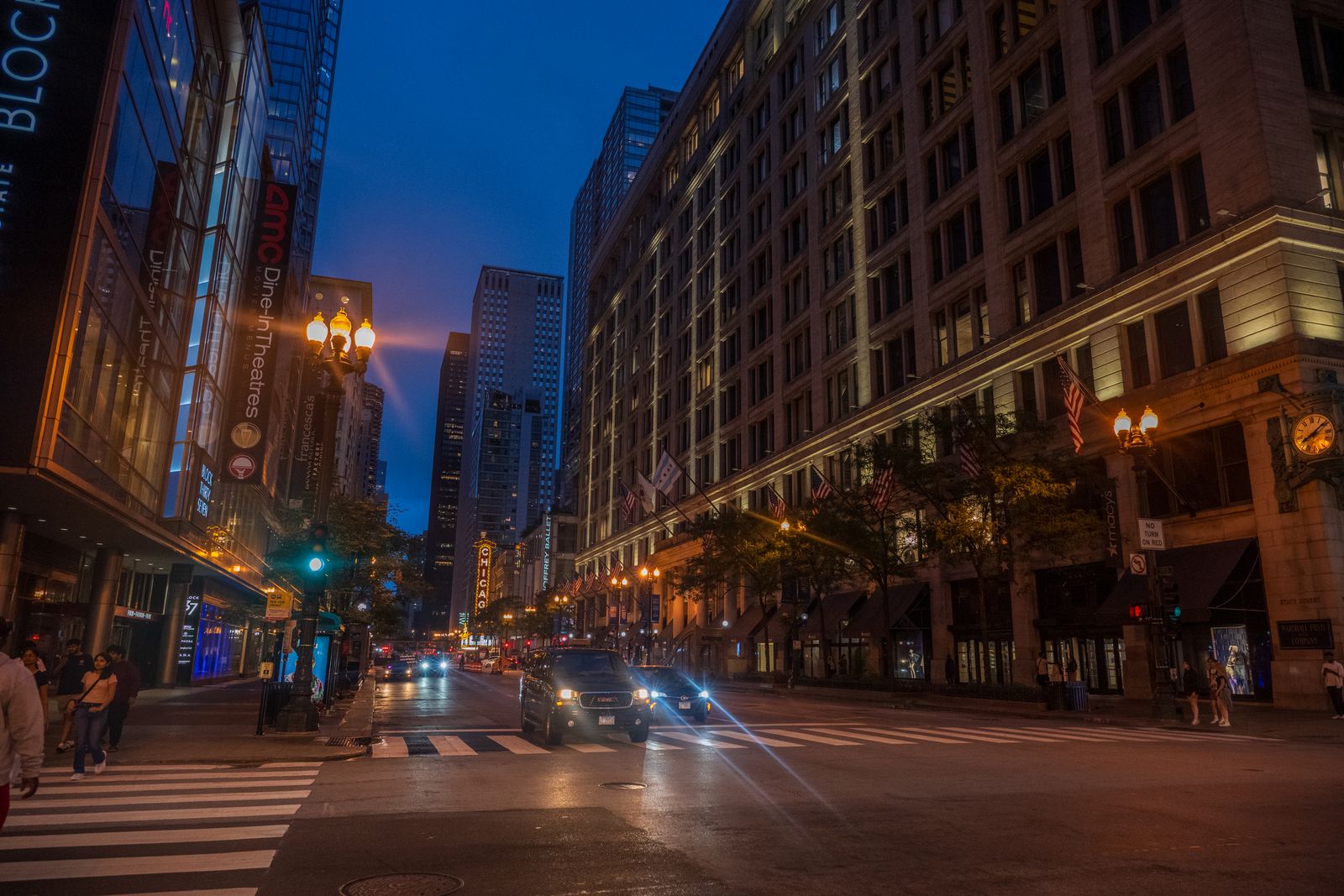 Chicago street at dusk with city architecture