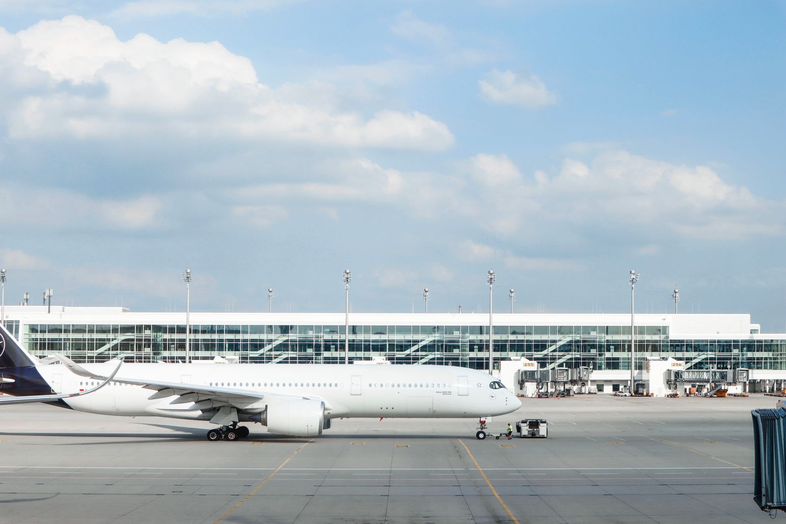 Widebody aircraft parked at an airport gate